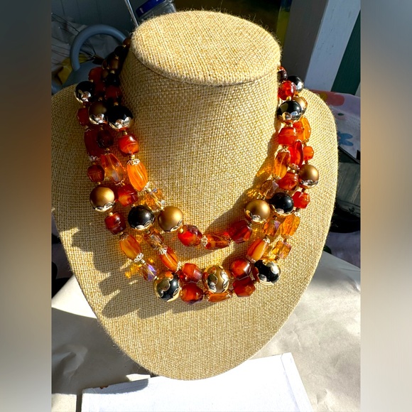 VTG Japan Glass Amber Black Fall Beaded Necklace bronze bead caps. - Picture 2 of 7